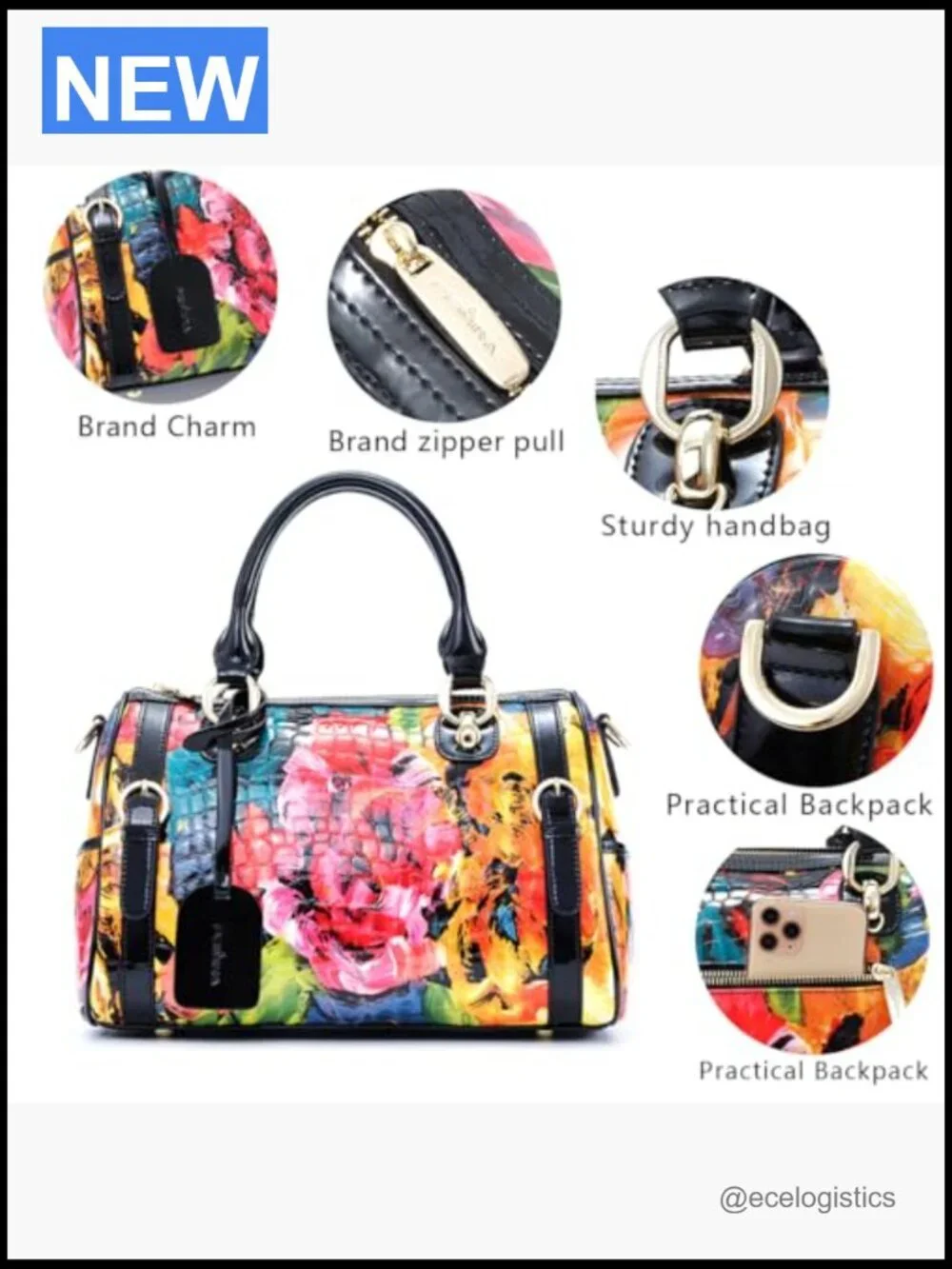 Genuine Leather Satchel Handbag with Floral Pattern Crossbody